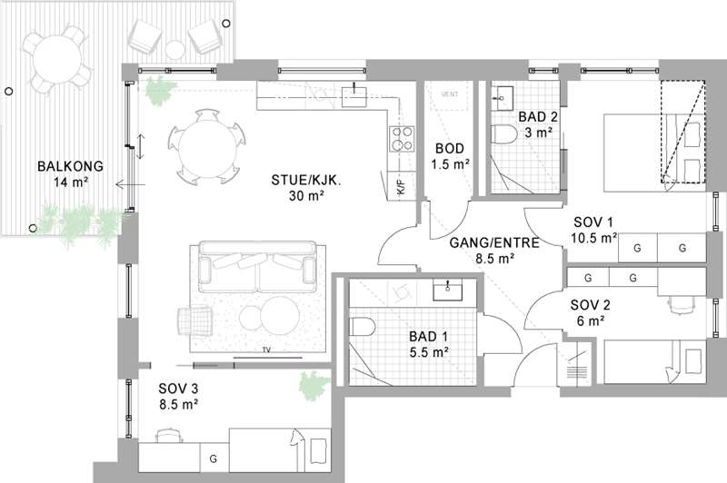 Standard planløsning: 4-roms leilighet